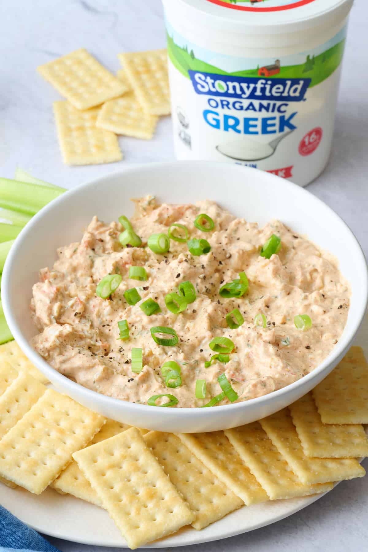 Stonyfield whole milk Greek yogurt shrimp dip recipe in a bowl.