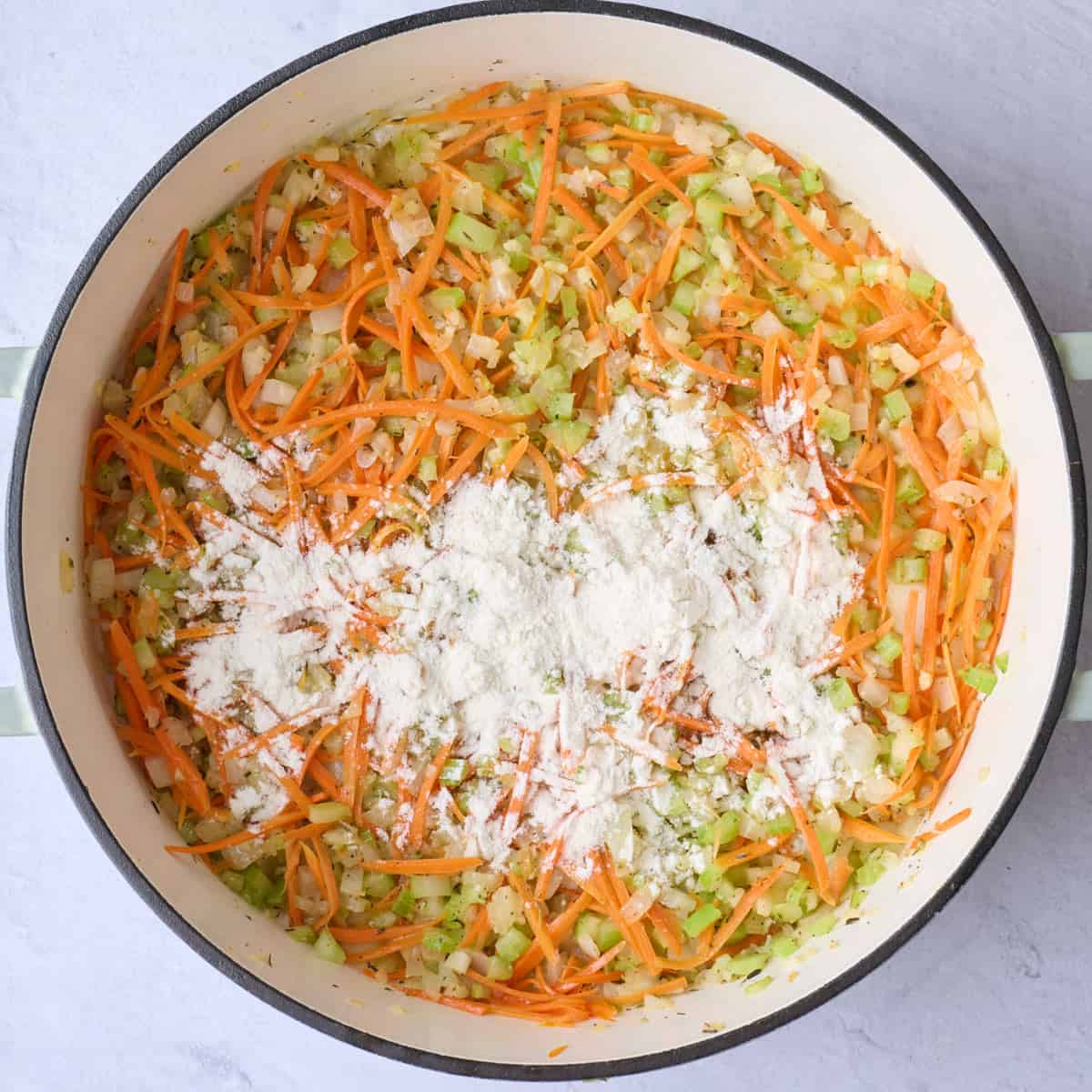 After mixing veggies with flour sprinkled over top.