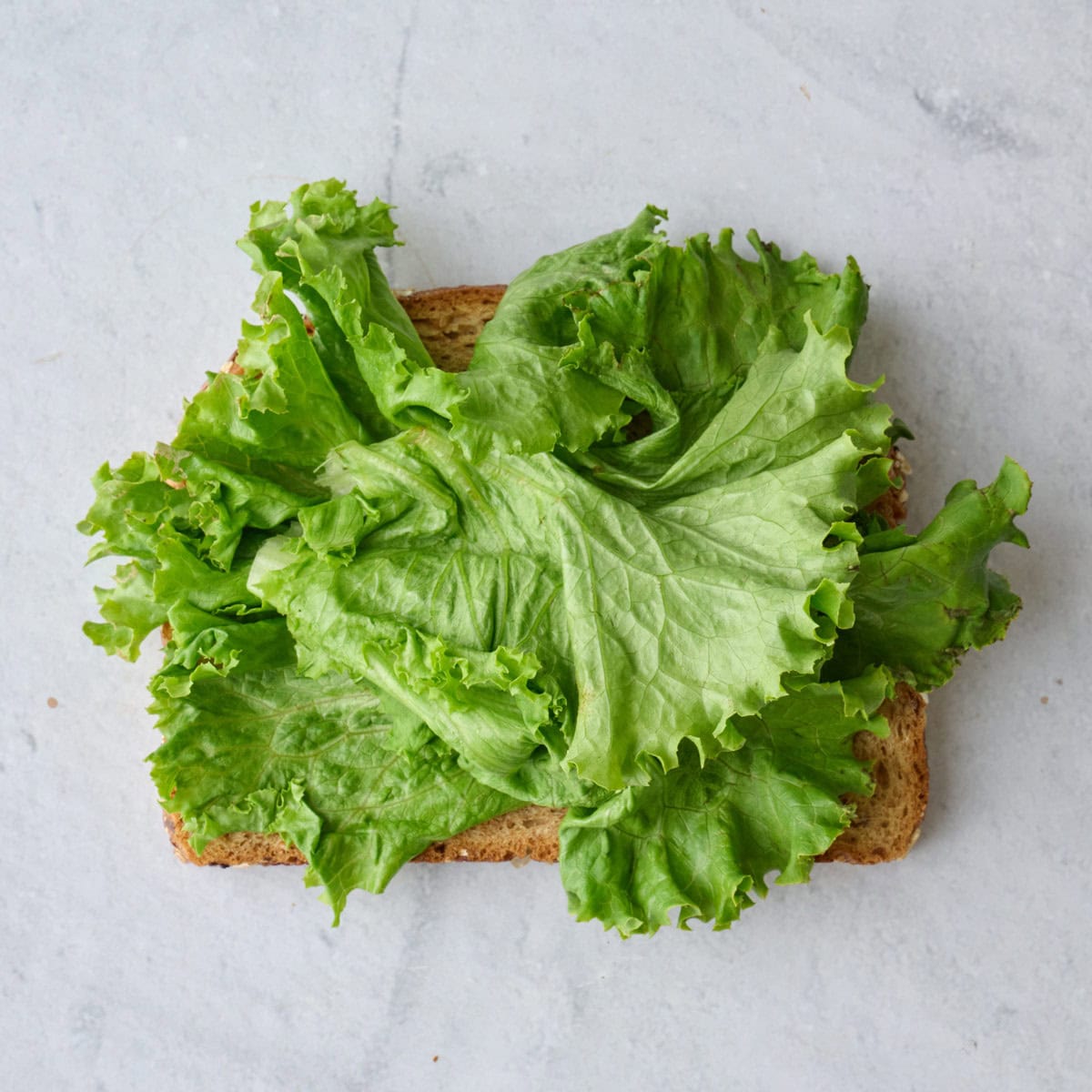 Slice of bread with lettuce on top for sandwich recipe.