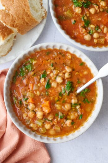 Easy minestra di ceci, or chickpea soup recipe served in two bowls.