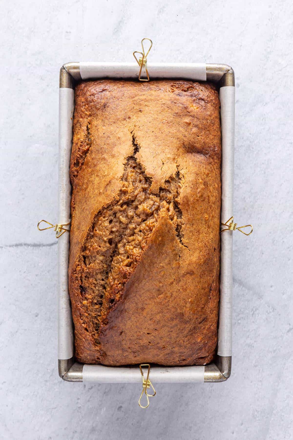 Cottage cheese banana bread after baking in a loaf pan.