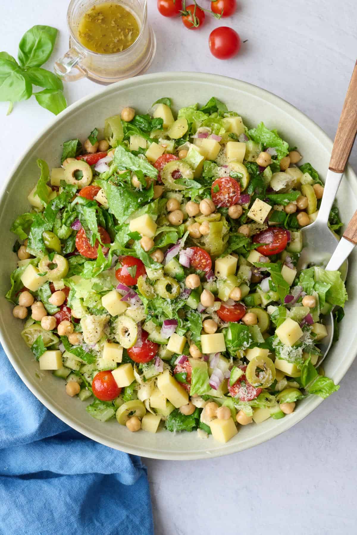 Best Italian Chopped Salad in a salad bowl made with lettuce, chickpeas and a tangy dressing.