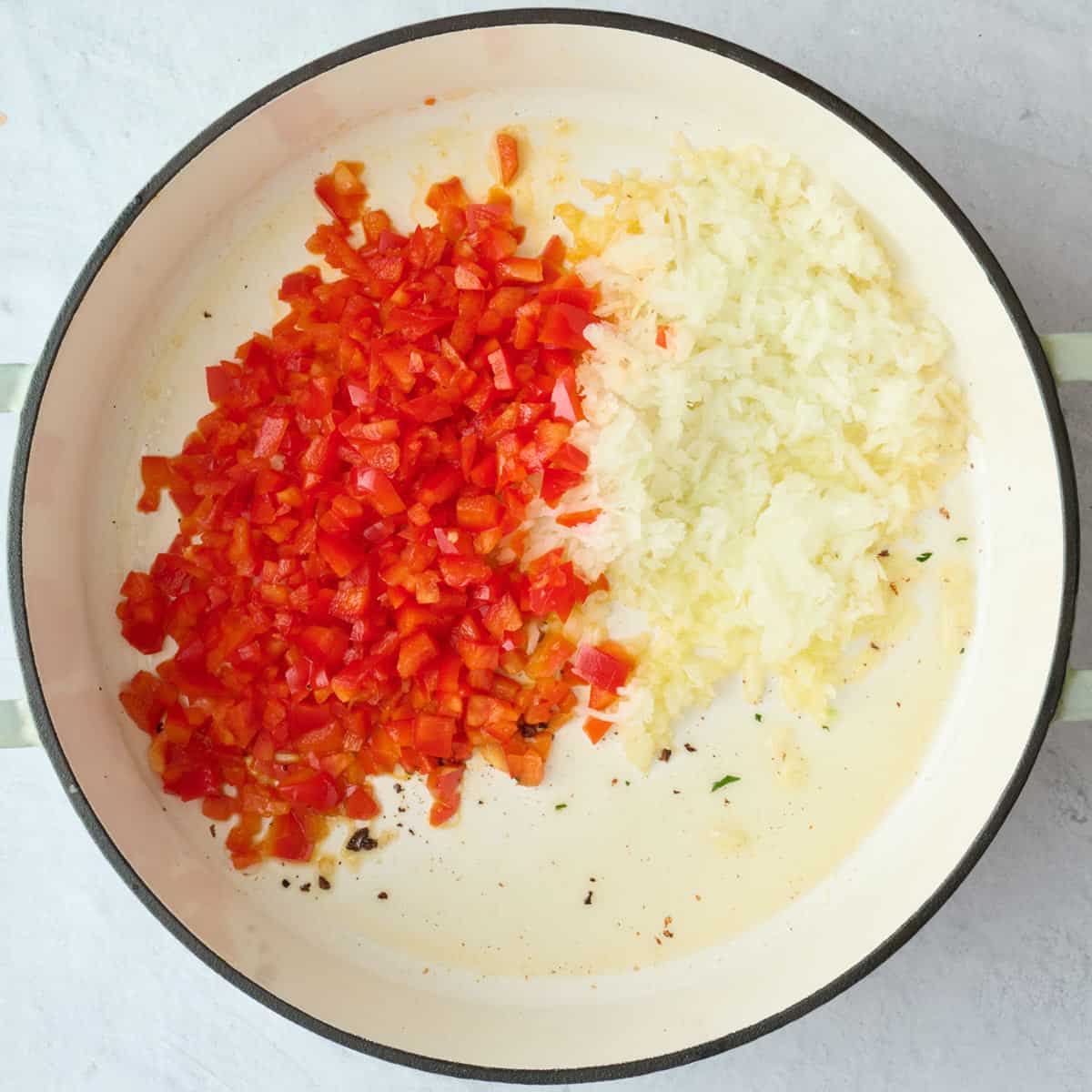 Meatballs removed from pan with oil, onion and bell pepper added before cooking.