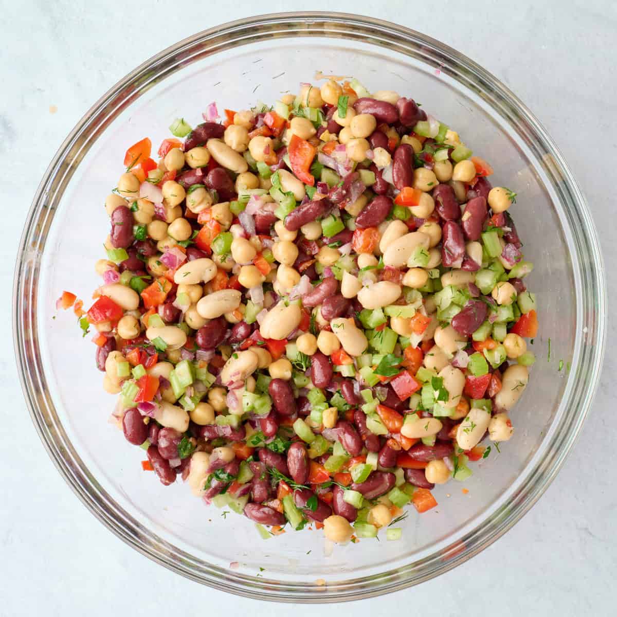 Bean salad recipe after tossing together with dressing.