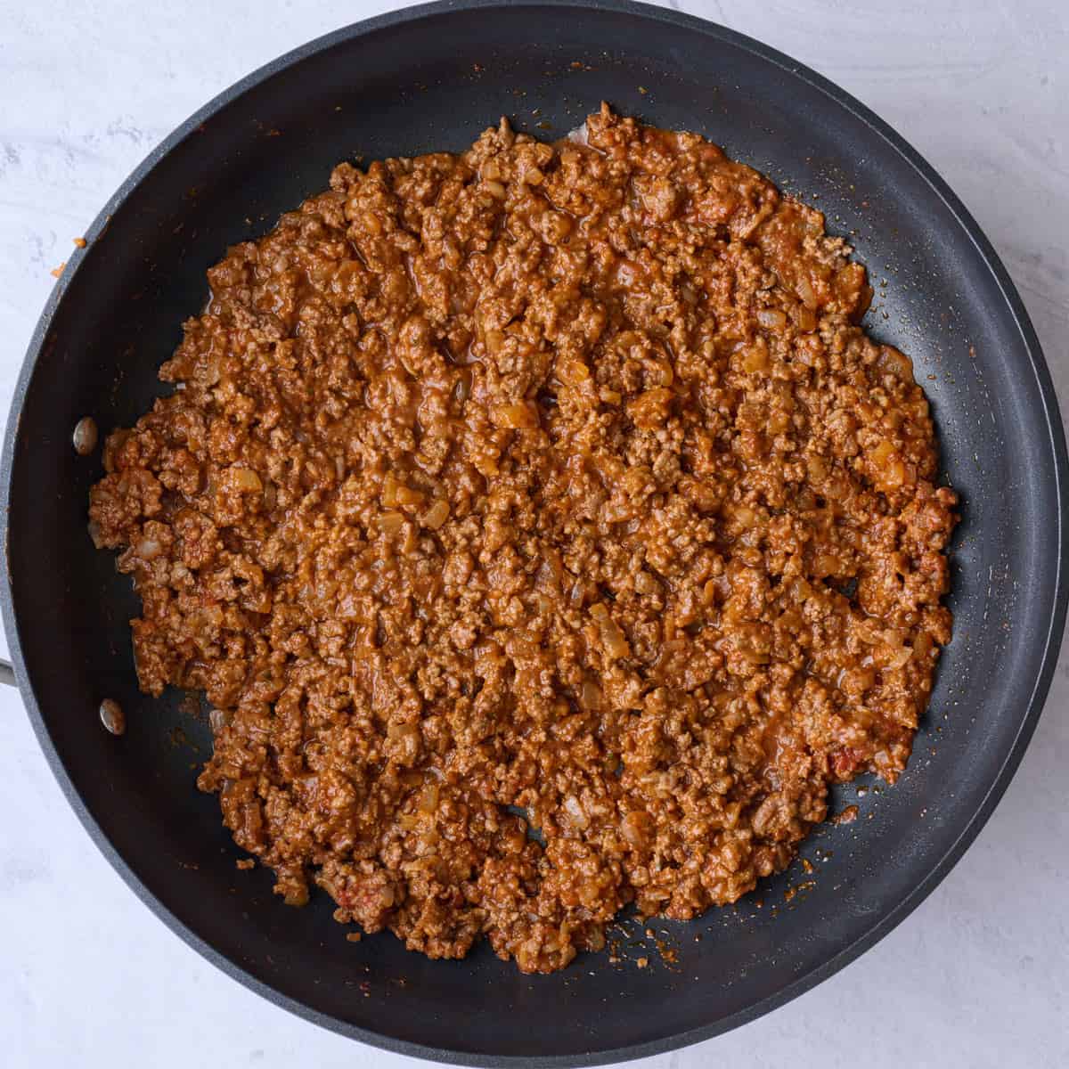 Saucy taco meat after combining.