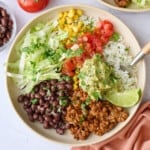 Ground beef burrito bowls with rice.