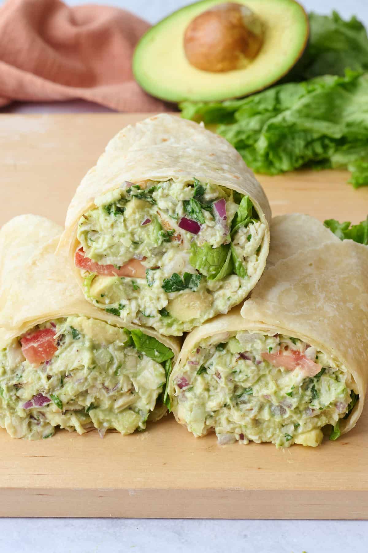 Best chicken avocado wraps with yogurt, onions, tomatoes and lettuce.