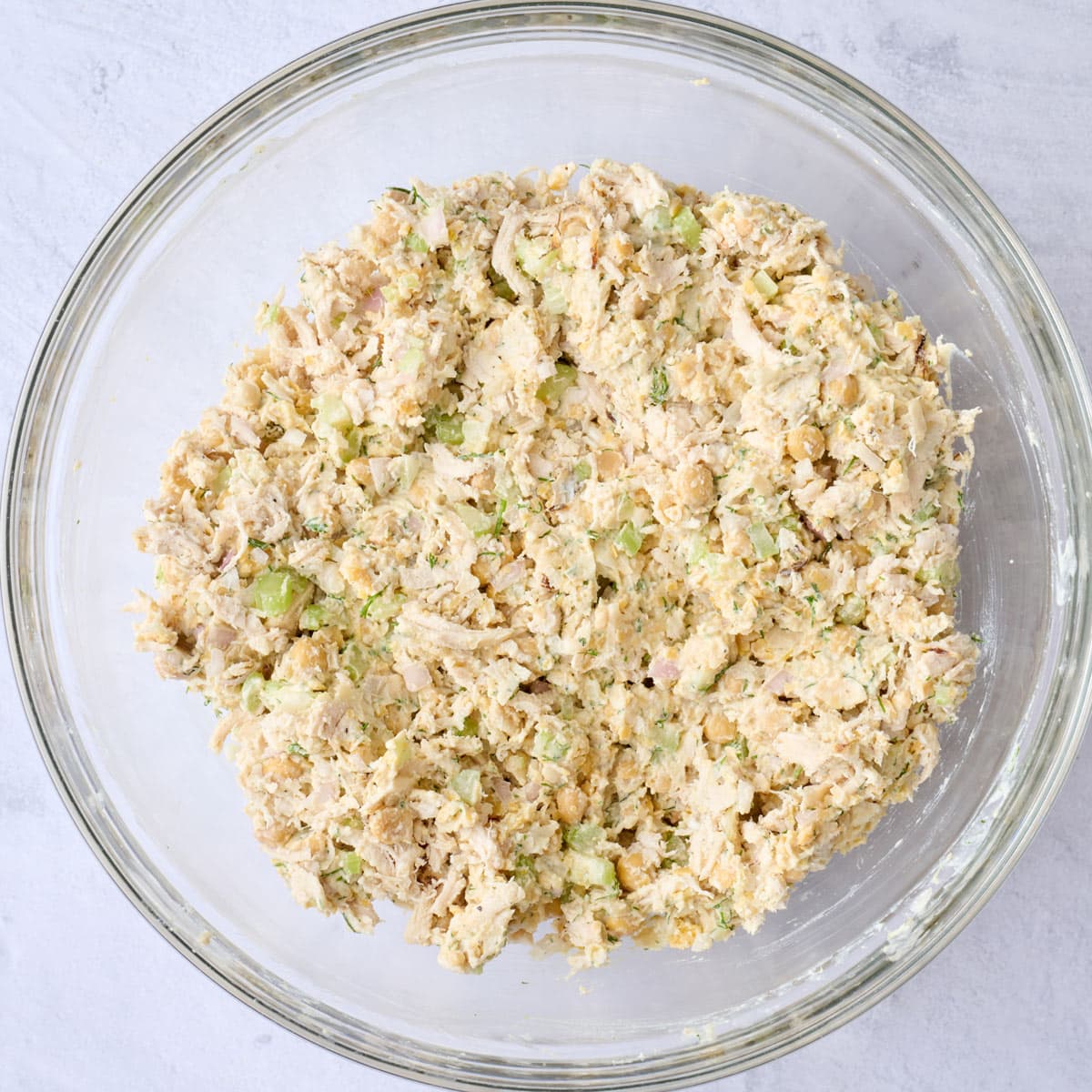 Chicken chickpea salad made with no mayo after mixing.