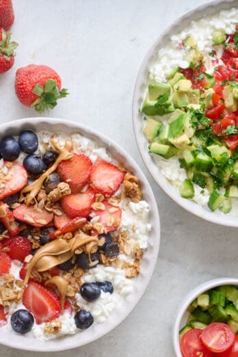 Two cottage cheese bowls, one with savory toppings including chopped veggies, herbs, salt and pepper. The other bowl with sweet toppings including fresh fruit, granola, and peanut butter.