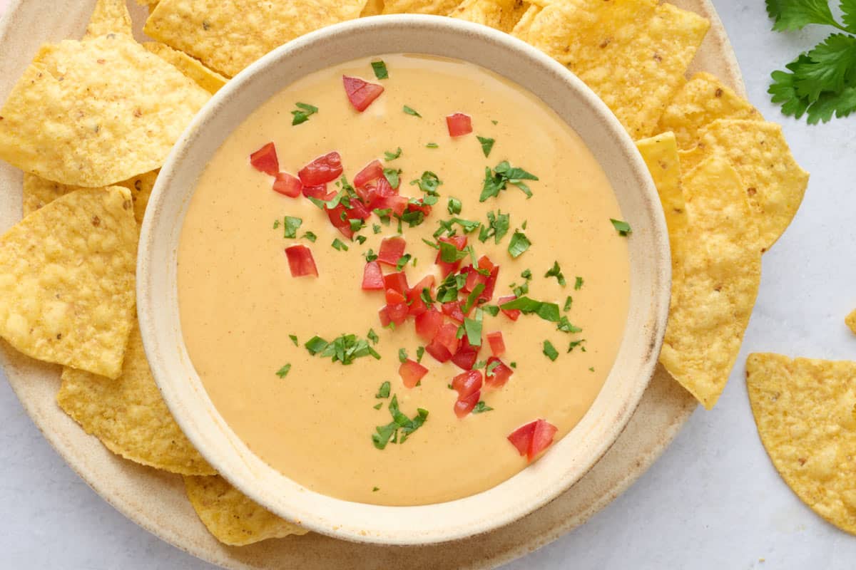 Viral cottage cheese queso recipe served with tortilla chips for dipping.
