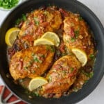 Easy Mediterranean chicken recipe in a skillet.