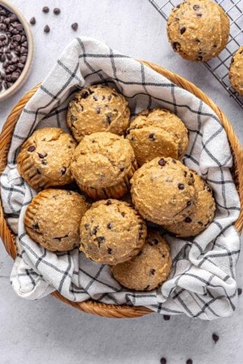 Best high protein muffins recipe in a basket with extra chocolate chips nearby.