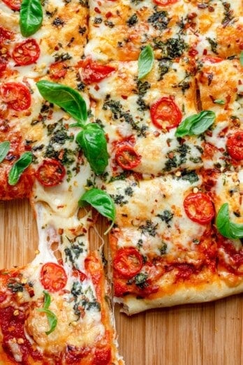 Homemade sheet pan pizza recipe.