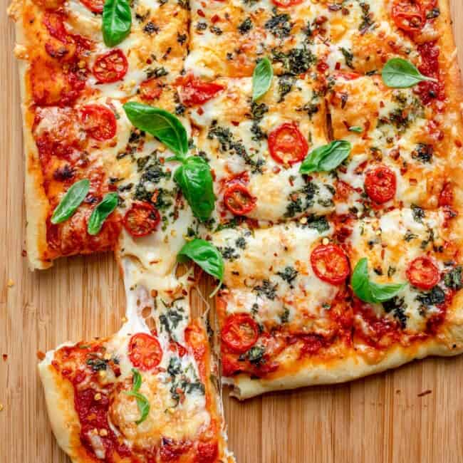 Homemade sheet pan pizza recipe.