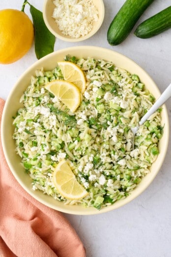 Summer orzo salad with lemon and cucumbers.