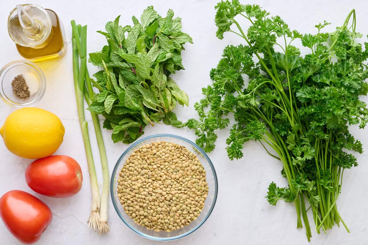 Ingredients for tabbouleh recipe: oil, salt and pepper, lemon, tomatoes, green onions, mint, parsley, and dry green lentils.