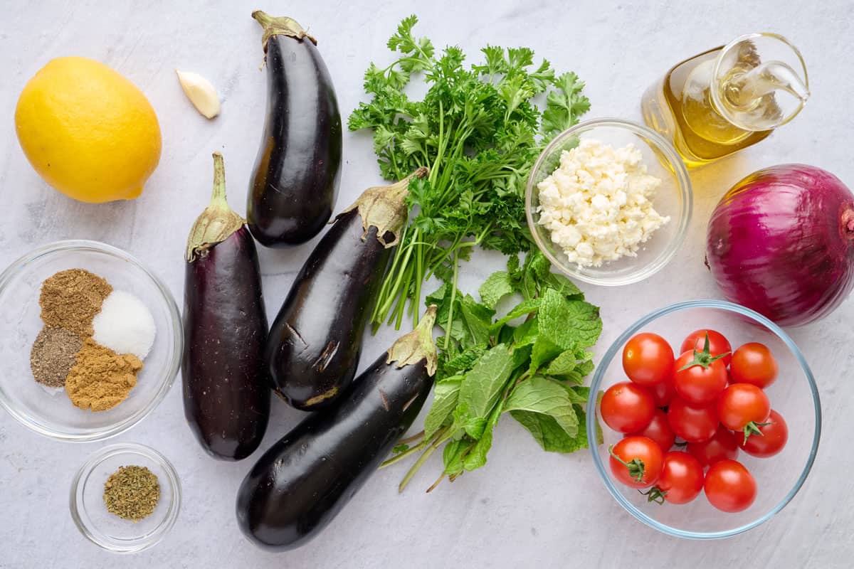 Ingredients for salad recipe: lemon, eggplant, spice blend, parsley, mint, feta, oil, red onion, and cherry tomatoes.