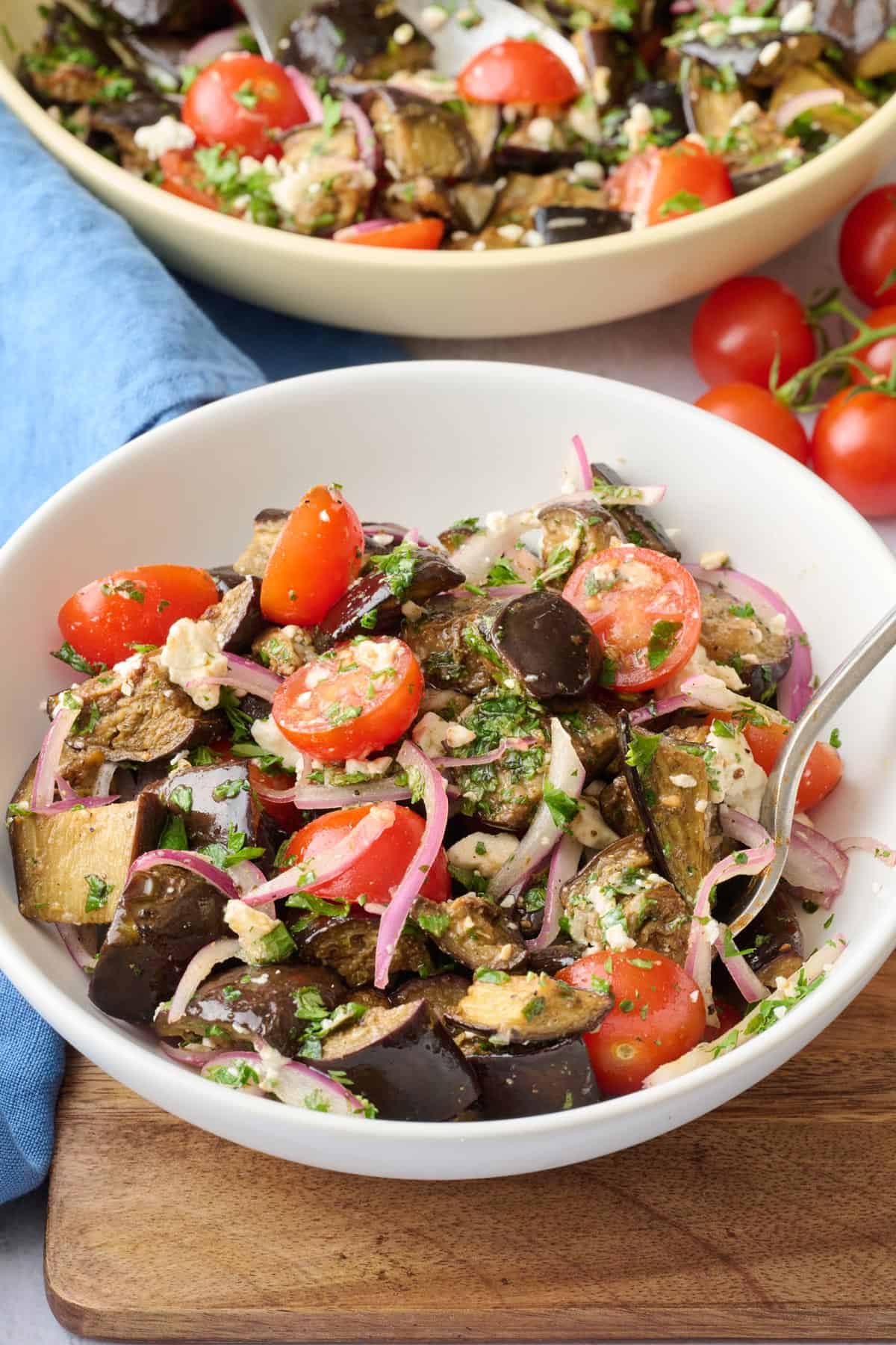 Middle eastern eggplant salad recipe in a bowl with tomatoes, red onions, and feta cheese.