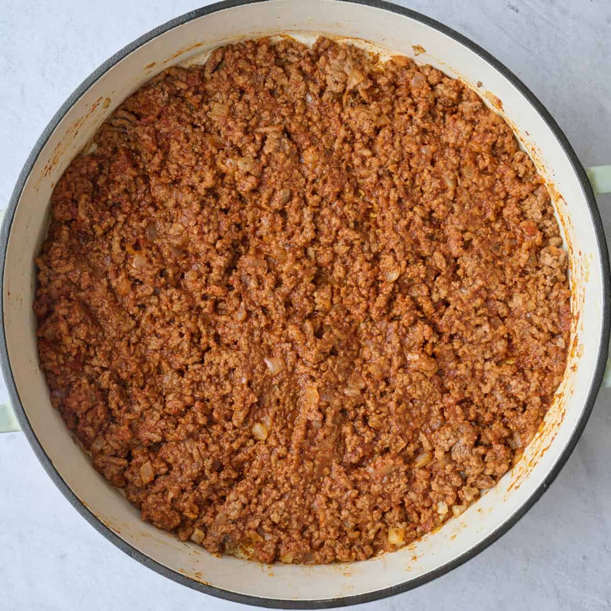 Ground beef taco meat after cooking in a pan.