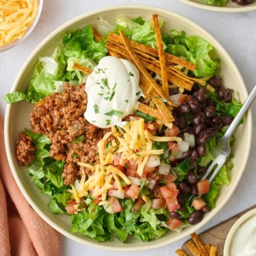 Taco salad recipe in a bowl.