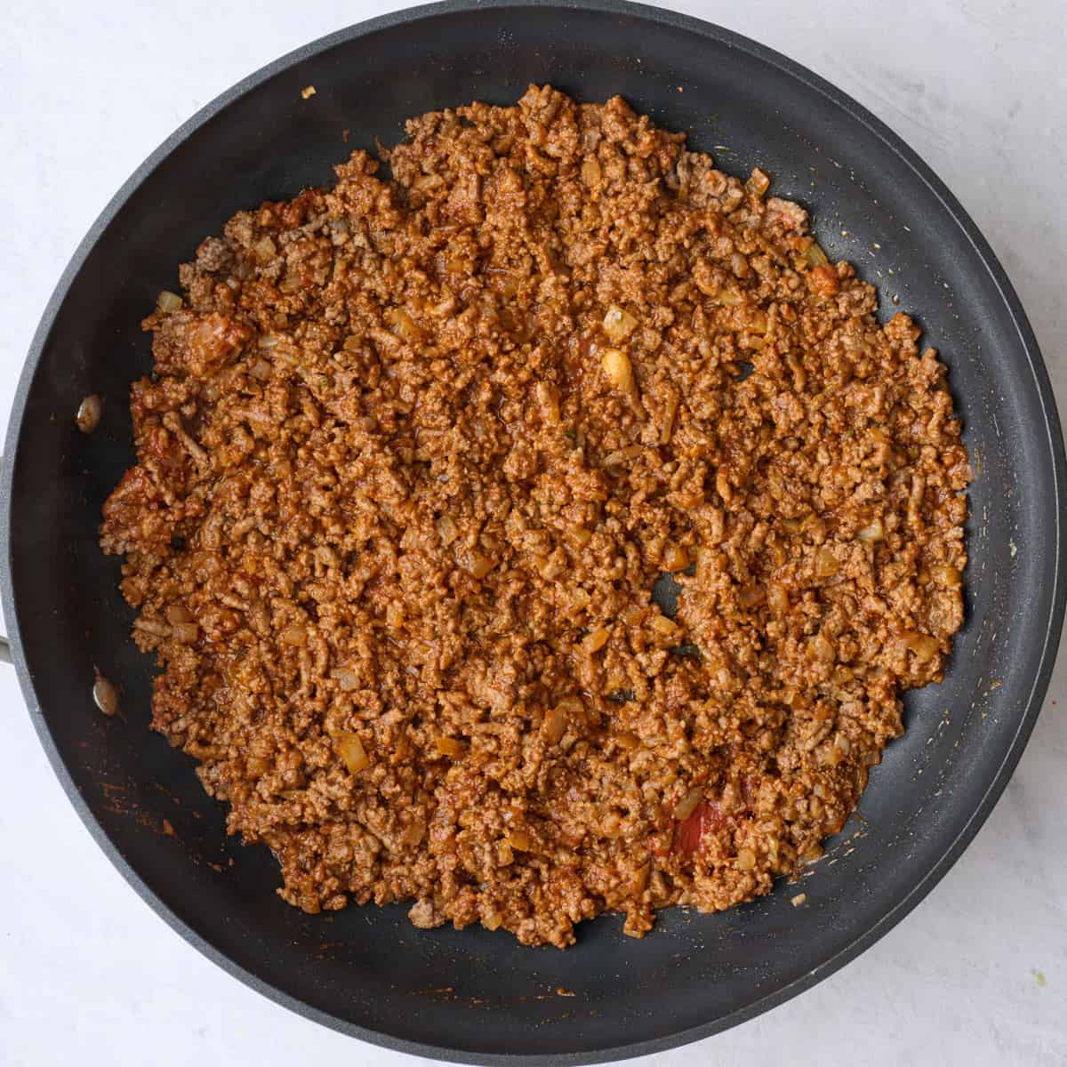 Ground beef taco meat in a skillet.