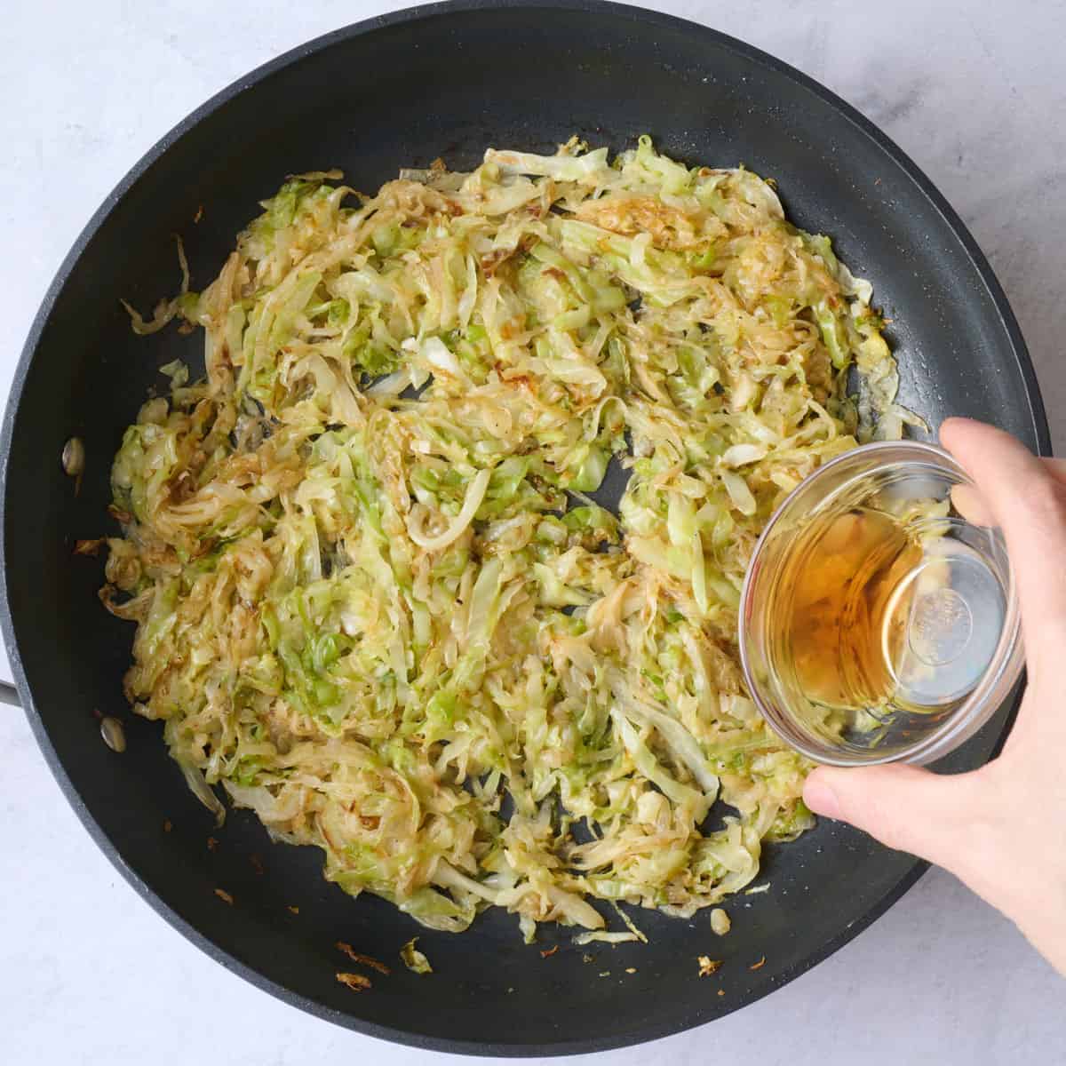 After cooking until cabbage is caramelized with red wine vinegar added.