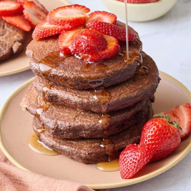 Easy chocolate protein pancake recipe.