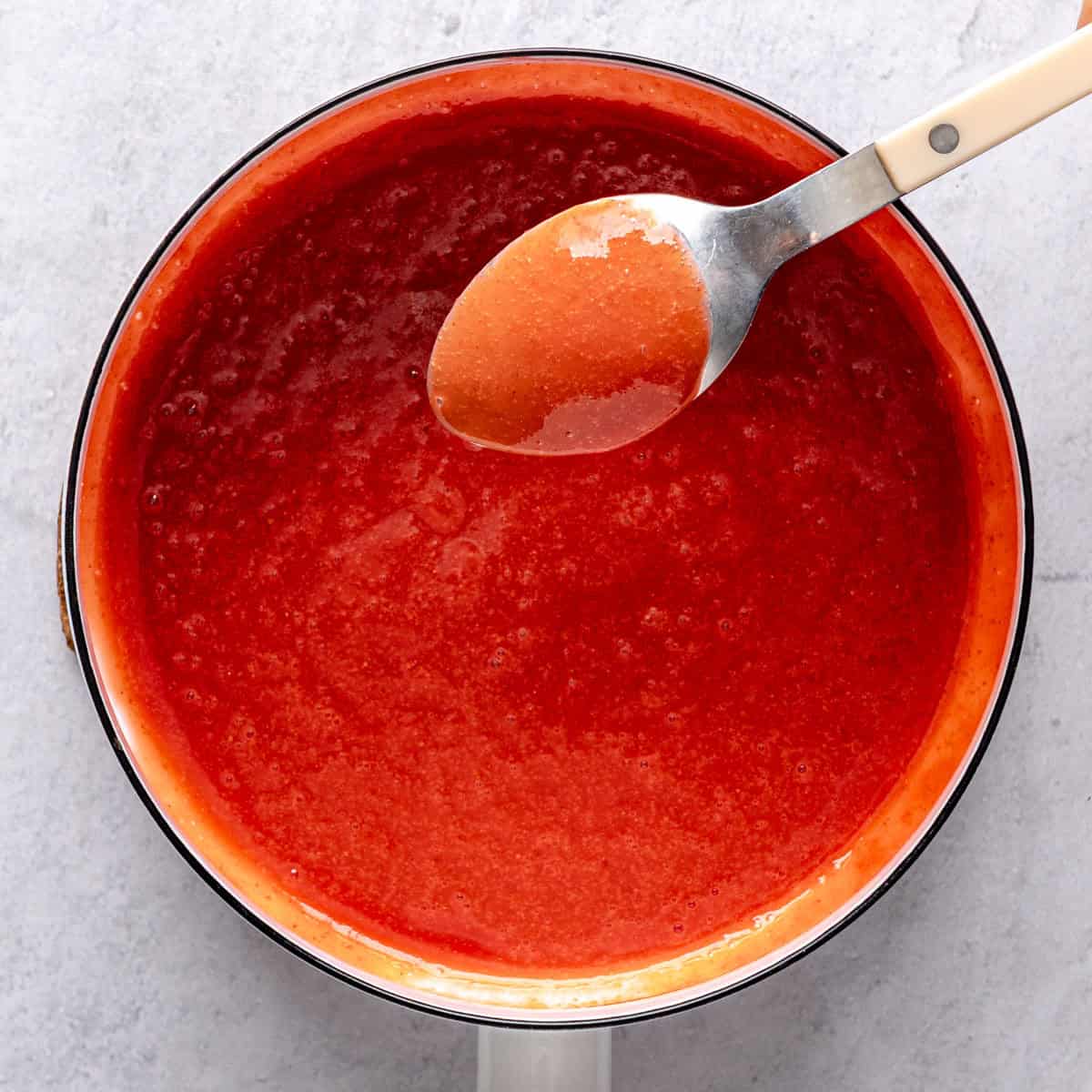 After mixed and brought to a boil and thickened with some on the back of a spoon to show consistency.