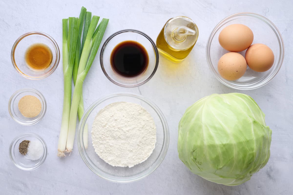 Ingredients before prepped for the cabbage pancakes.