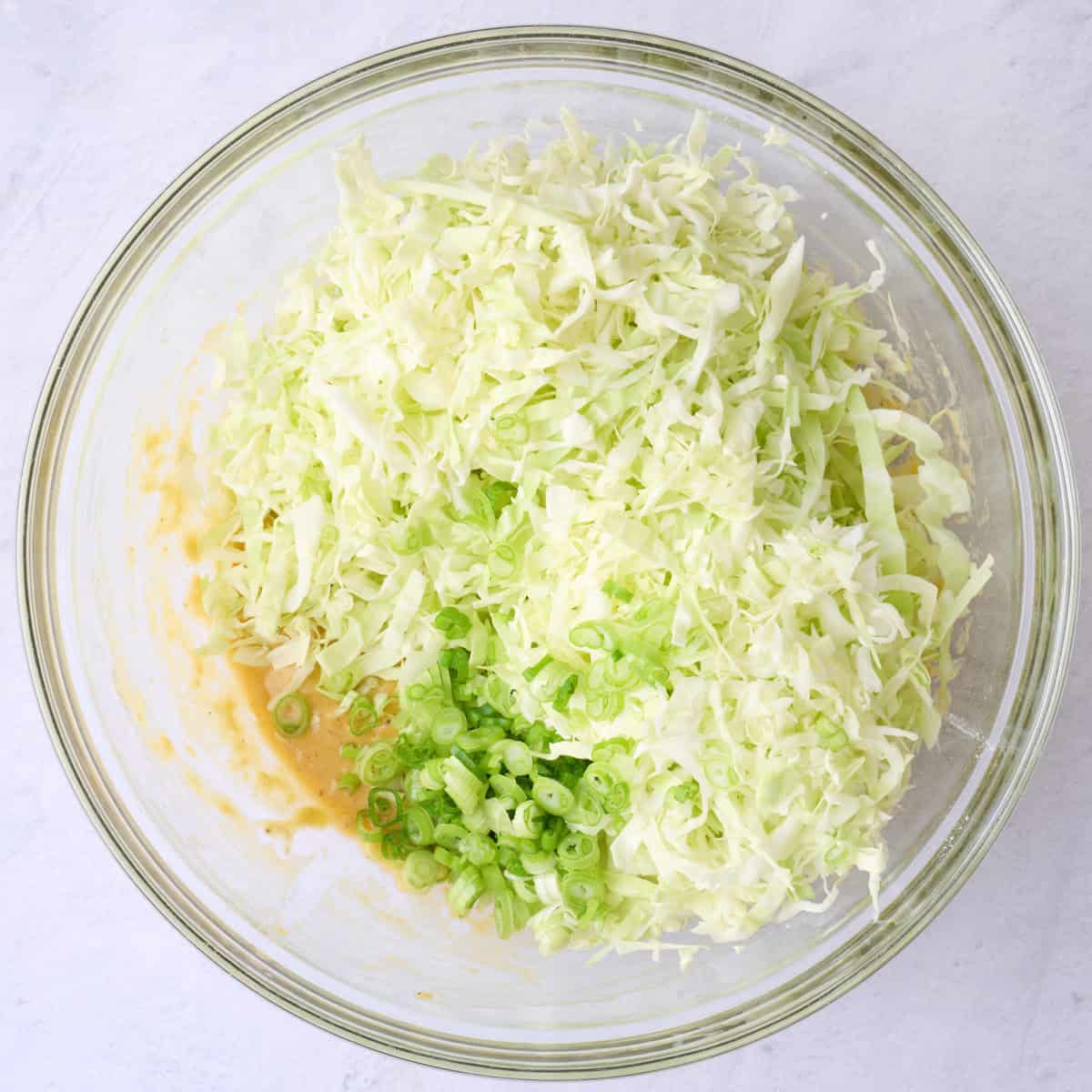 Shredded cabbage and green onions added to the same bowl.