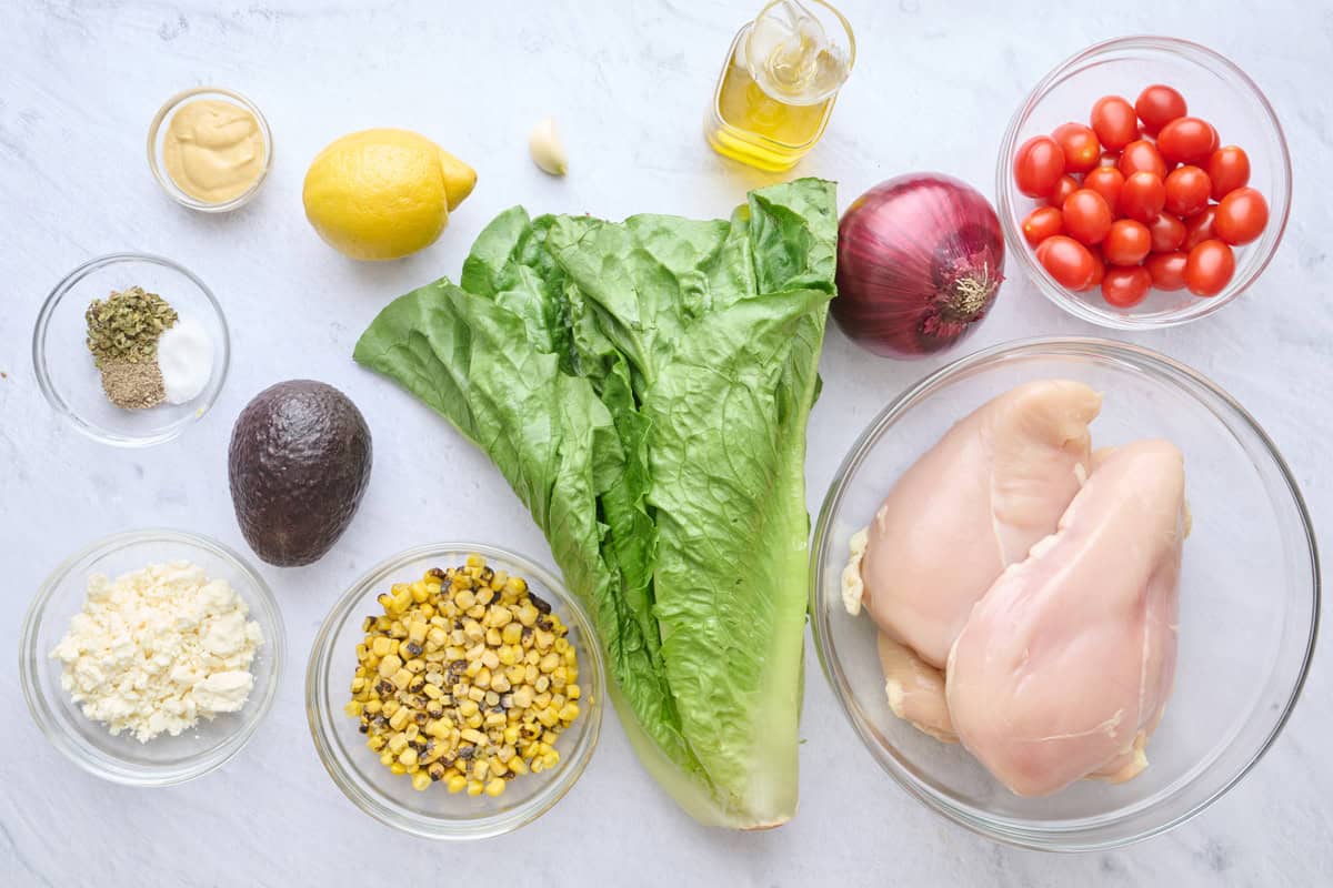 Ingredients for grilled chicken salad before prepped.