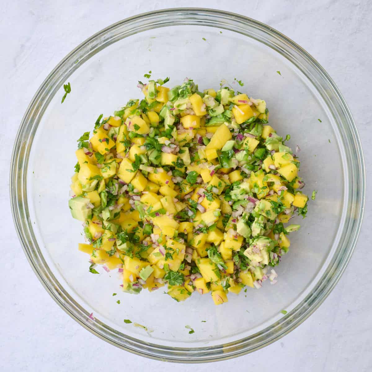 Mango, avocado, onion, cilantro and jalapeno, lime juice and salt after combining.