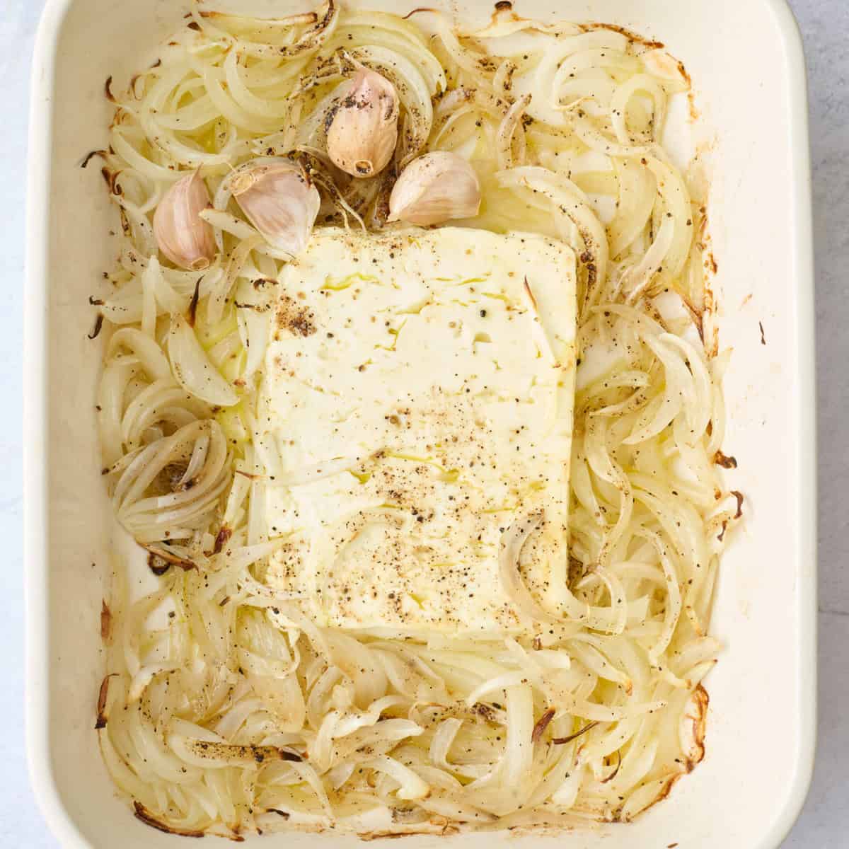 Feta, onions and garlic after baking.
