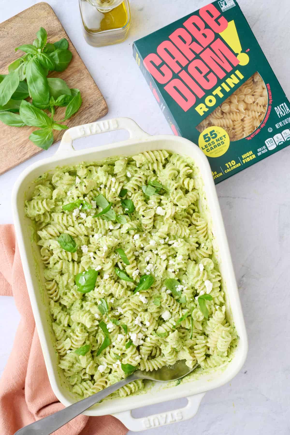 Best baked feta pasta with green sauce made with Carbe Diem Rotini pasta.