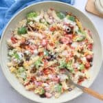 Ranch pasta salad in a serving bowl.