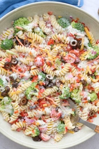 Ranch pasta salad in a serving bowl.