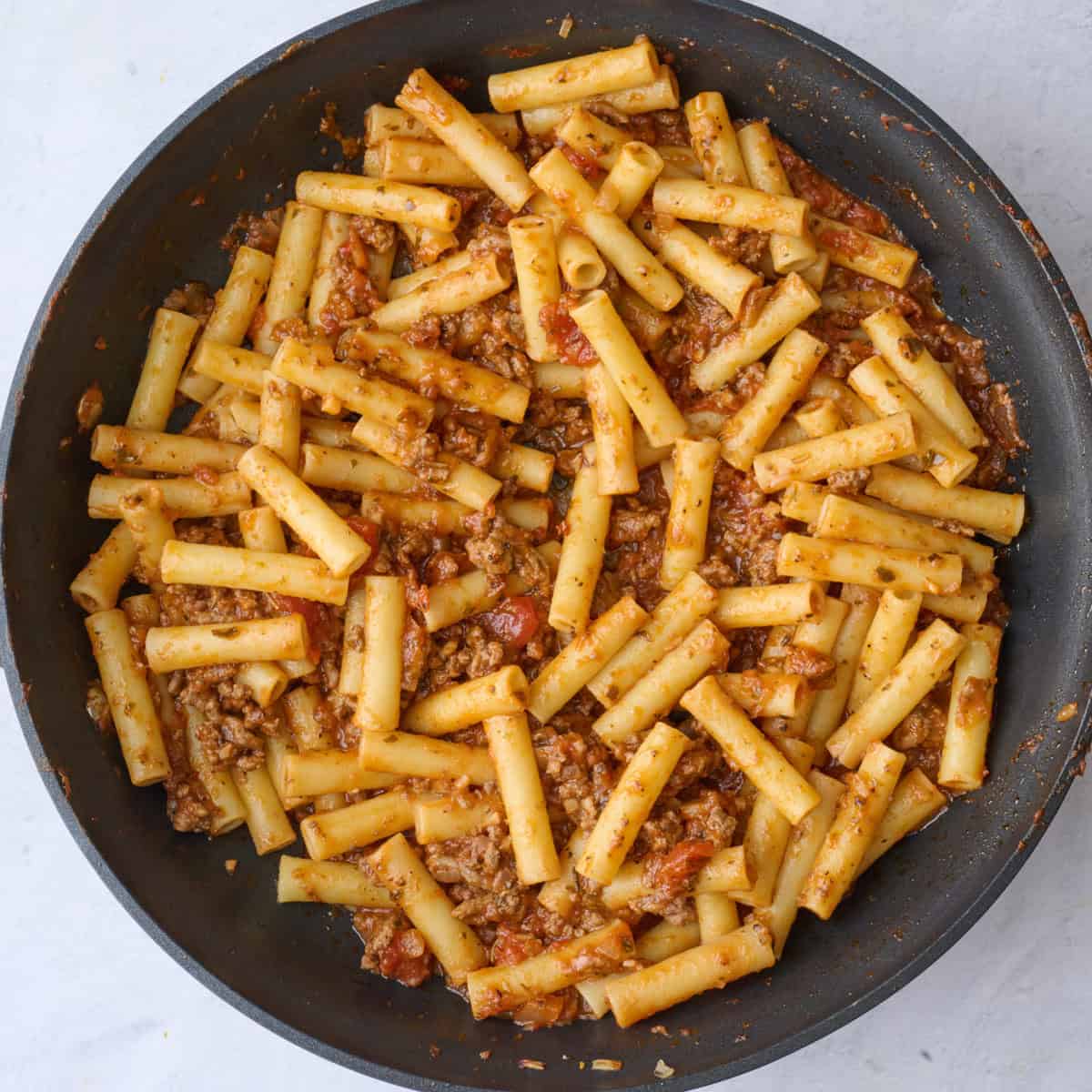After combining ziti pasta and sauce.