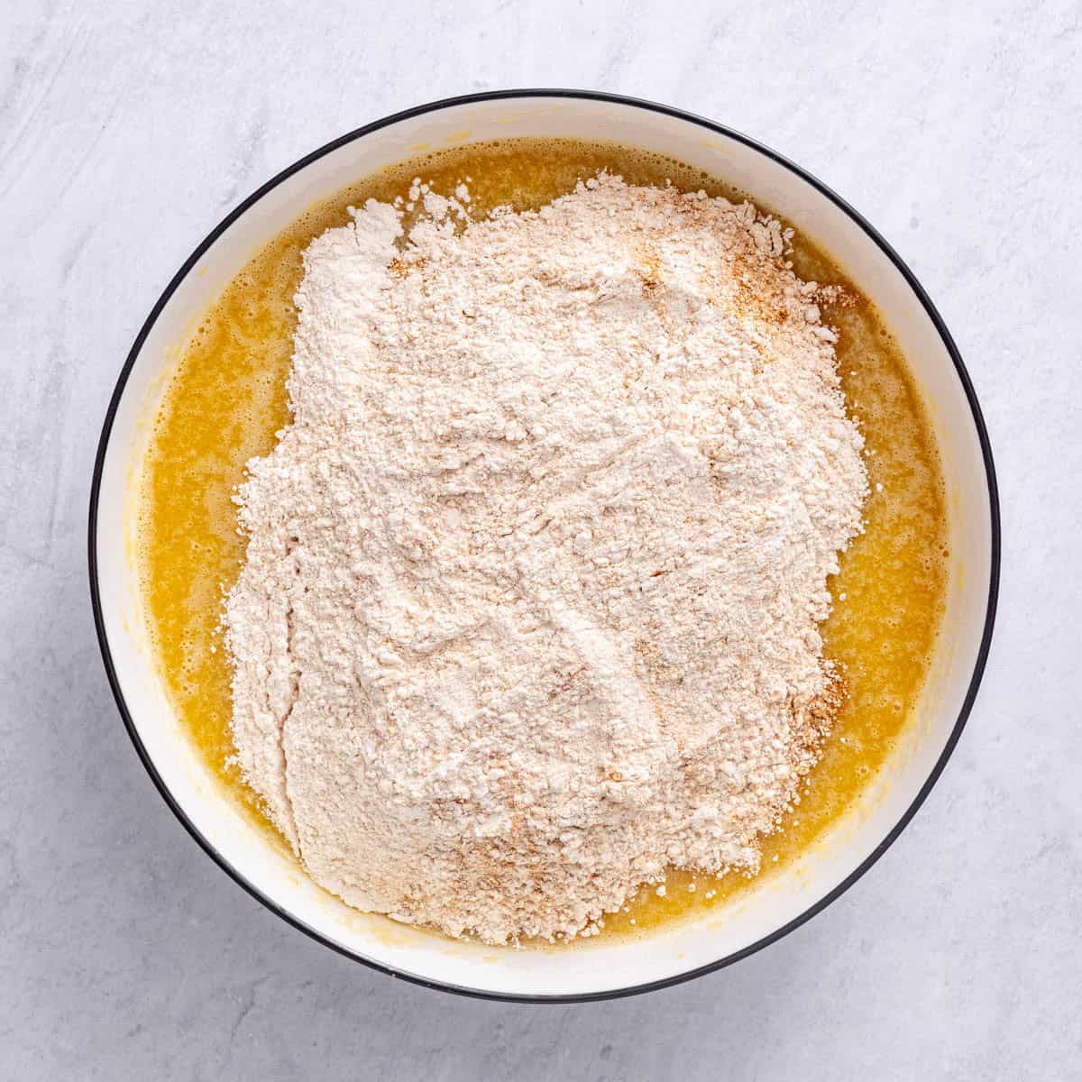 Wet ingredients after combined with dry ingredients added on top.