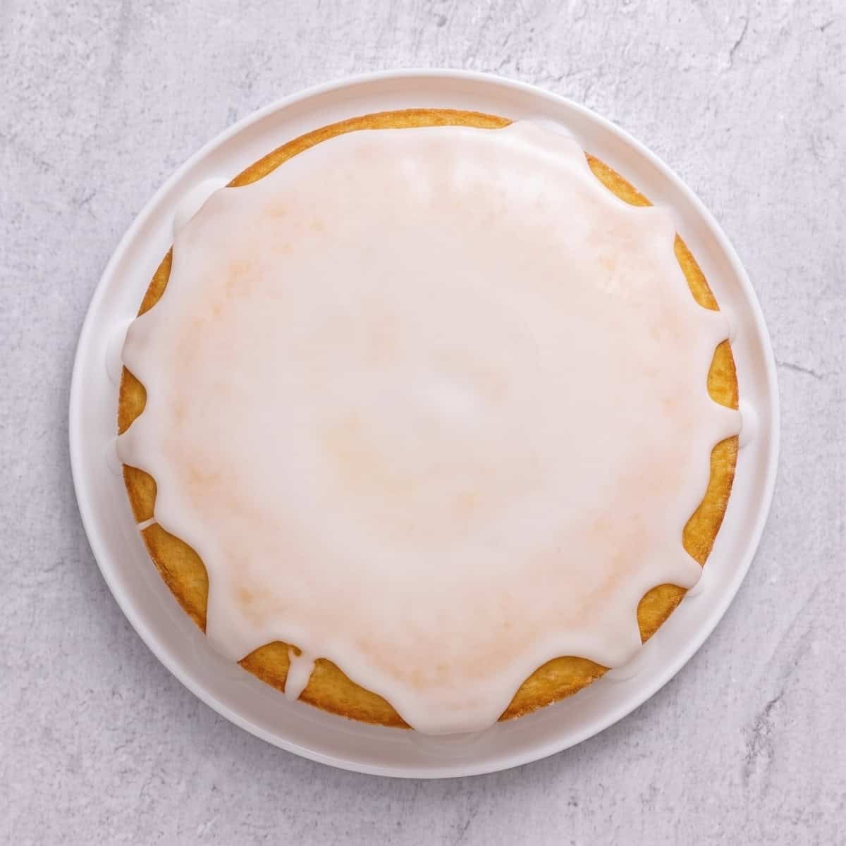 Cake after cooled and removed from pan and topped with glaze.