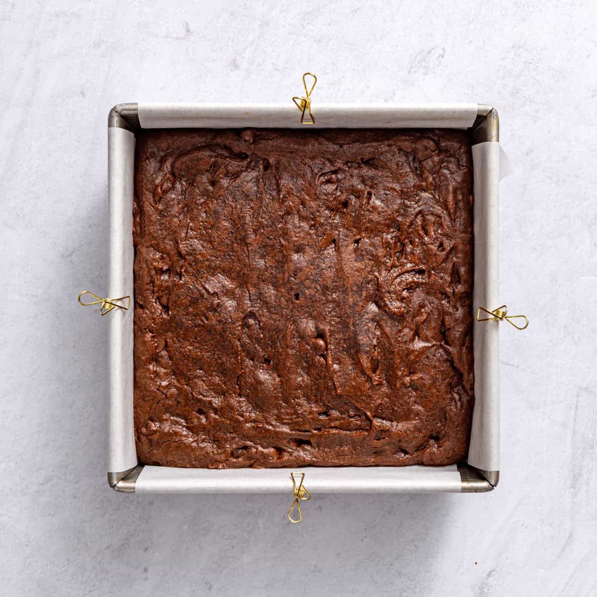 Chocolate brownies in a pan after baking.